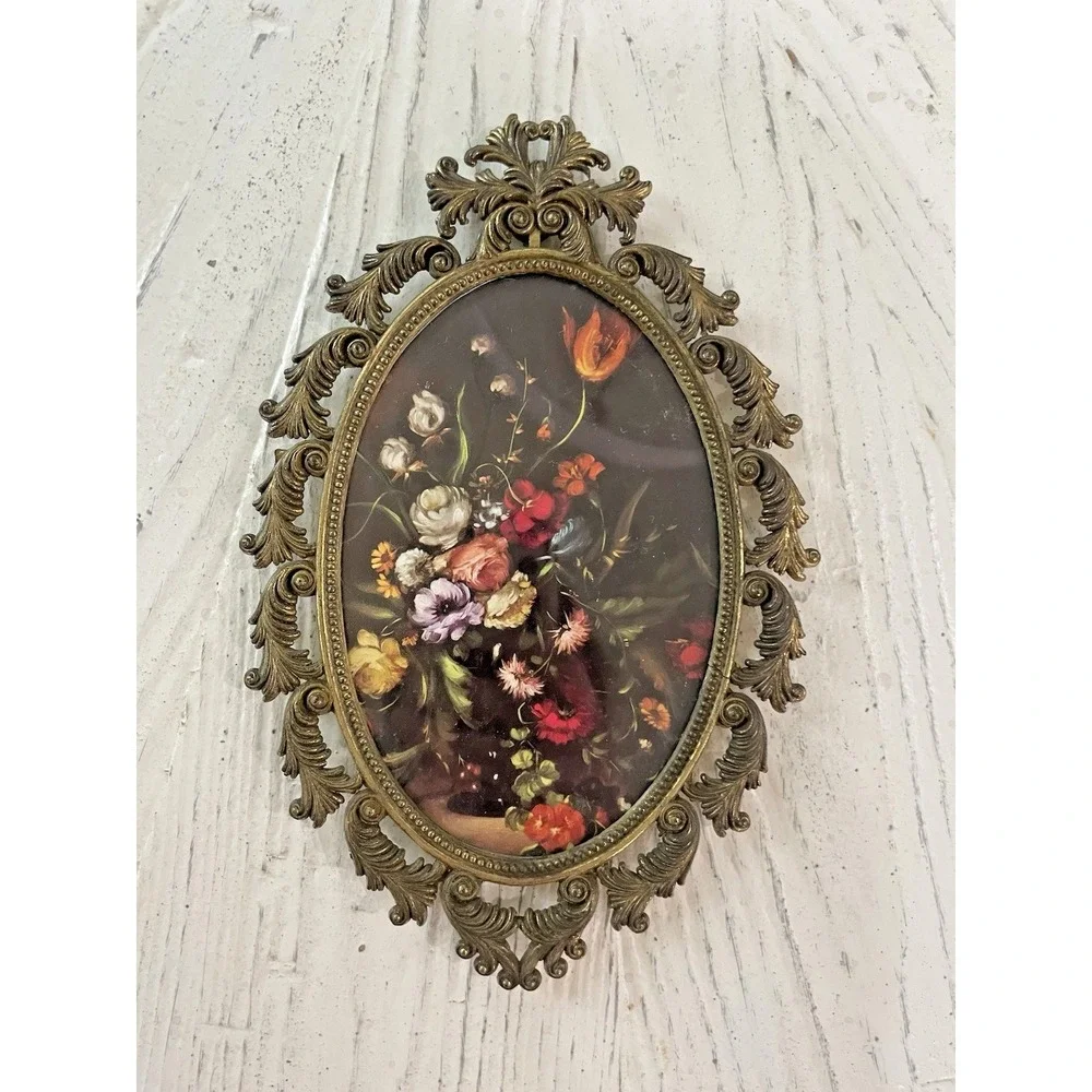 Vtg Italian Style Floral Urn Print Under Glass Ornate Metal Frame France